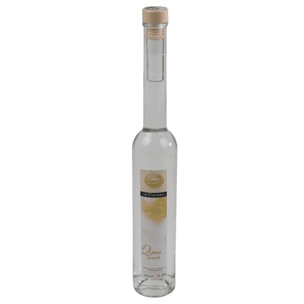 Eine 350 Milliliter Glasflasche Quittenbrand