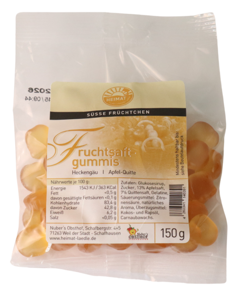 Eine 100 g Tüte Heckengäu Fruchtsaftgummis Apfel-Quitte